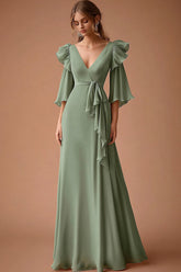 Dusty Sage Chiffon V-Ausschnitt Rüschen A-Linie Ballkleid